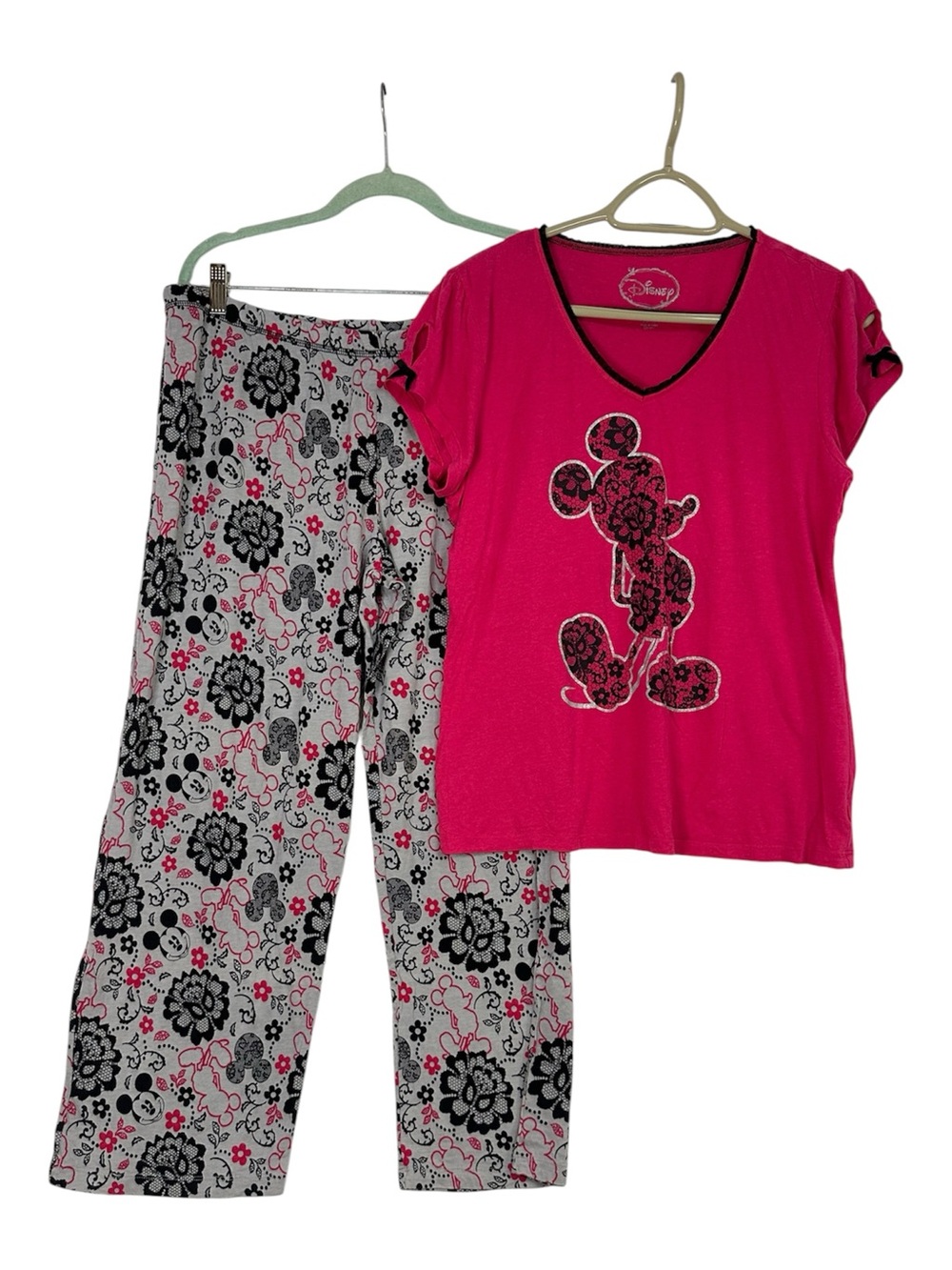 Disney Mickey Mouse 2 Piece Pajama Set XL 16-18 Pink Floral Capri Sleepwear